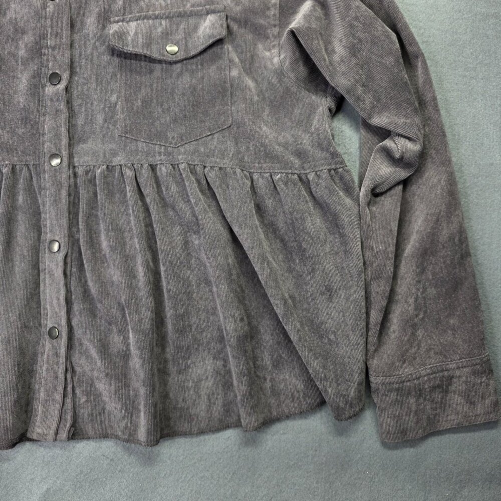 LILYMAES Shirt Womens Large Gray Corduroy Babydoll Peplum Snap Front Top Western - Picture 2 of 11